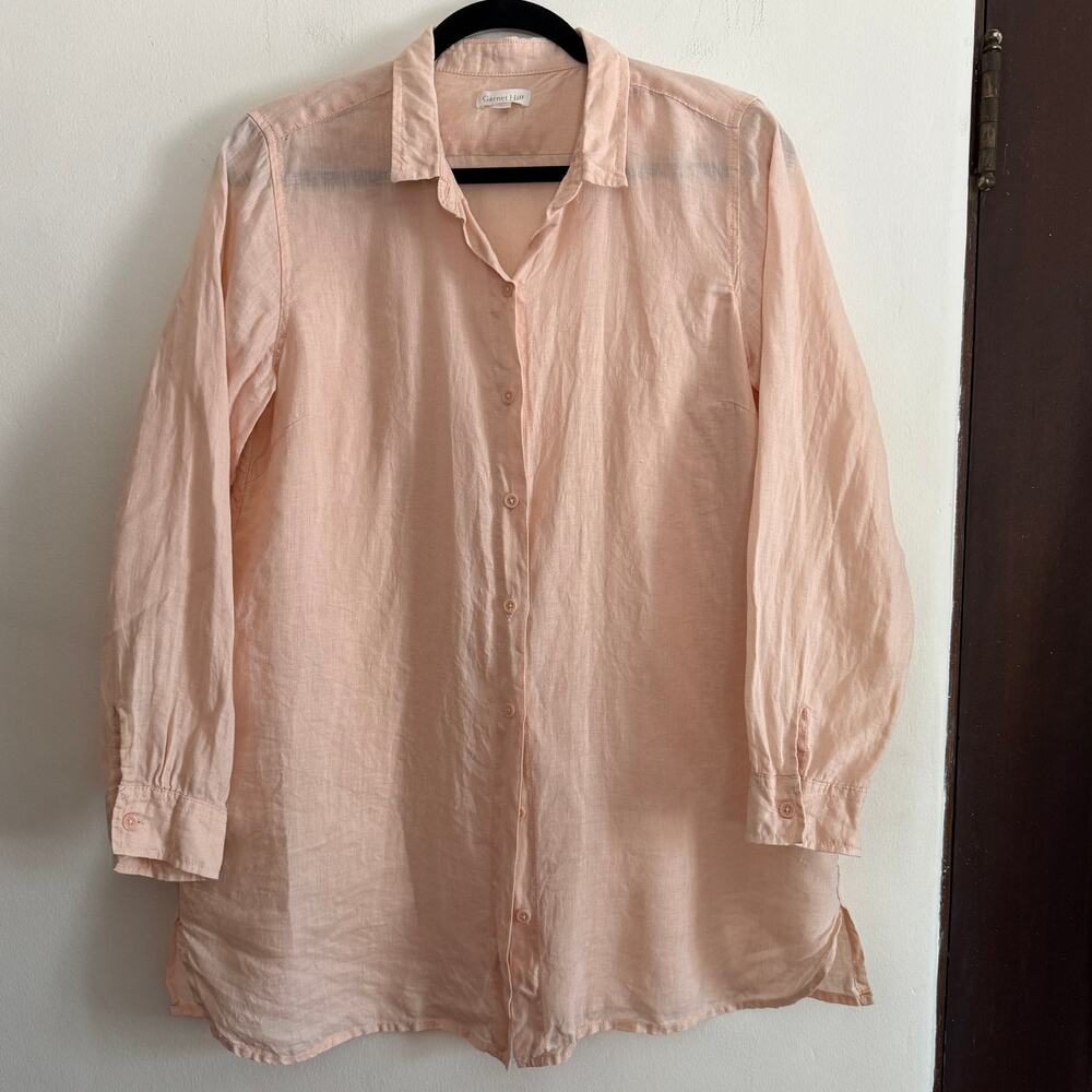 GARNET HILL Peach Linen Long sleeve Relaxed Button Down Tunic Shirt Small Petite